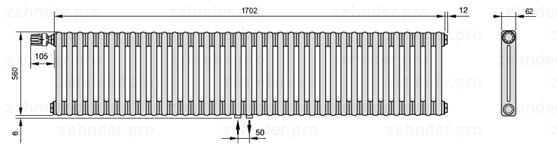 Схема (чертеж) Радиатор Zehnder Charleston 2056/37 №V007 Белый глянцевый RAL 9016